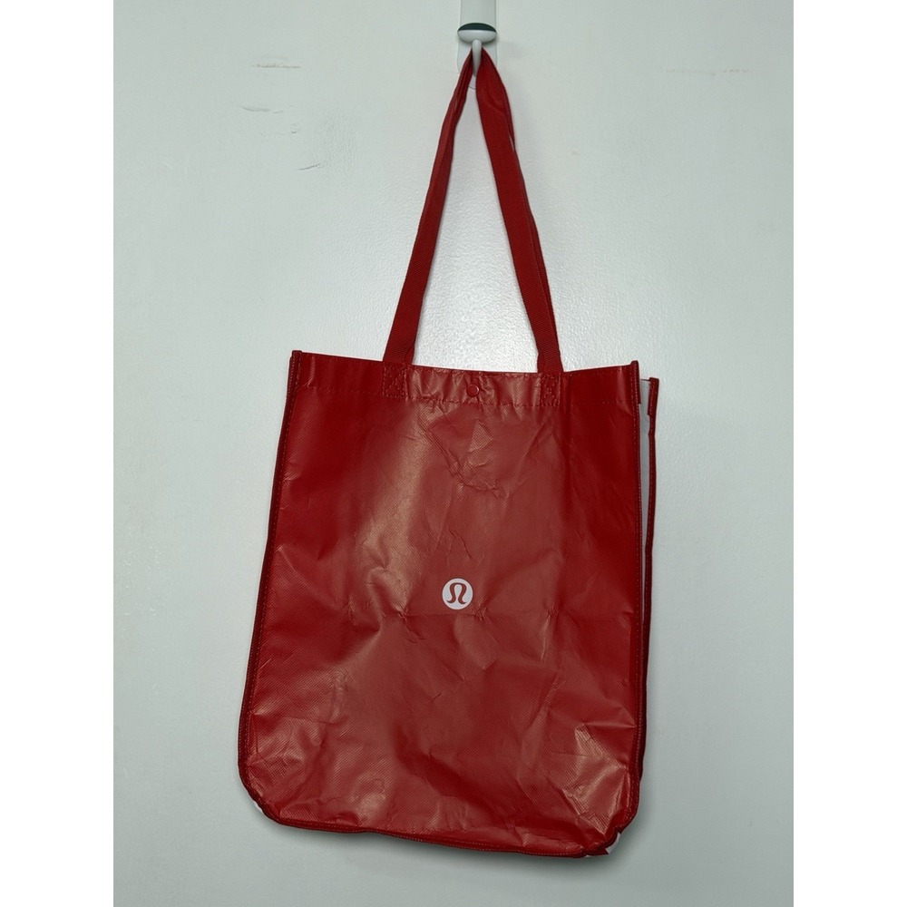 Lululemon Red Reusable Shopping Tote Bag Logo Snap Closure Double Handles